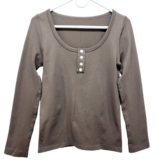 OQQ Long-Sleeve Brown Ribbed Henley Top With Button Detail Size M - Picture 1 of 9